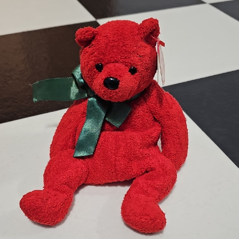 Mistletoe Ty Beanie Babies Plush Red Teddy Bear with Green Bow Christmas